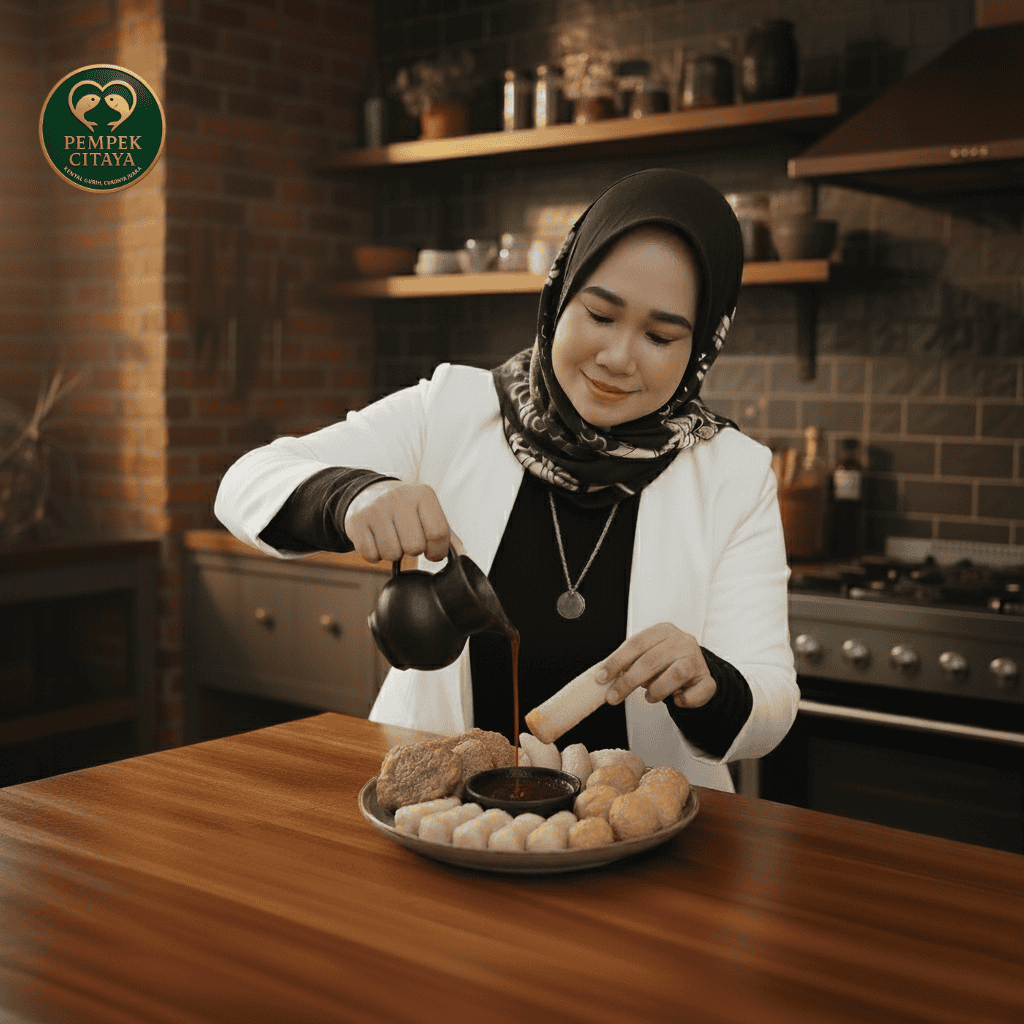 Nasi PempekCitaya: Penyajian pempek khas Palembang dengan kuah cuko pedas gurih di restoran pempek Citaya, Palembang.